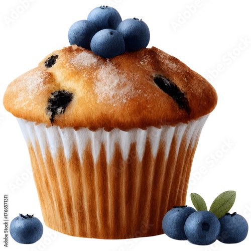 A delicious blueberry muffin topped with fresh berries sits on a white background