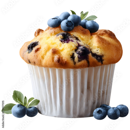 A freshly baked blueberry muffin adorned with plump berries and green leaves isolated on a white background