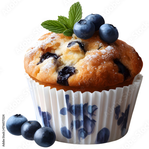 A freshly baked blueberry muffin topped with fresh blueberries and mint leaves dusted with powdered sugar