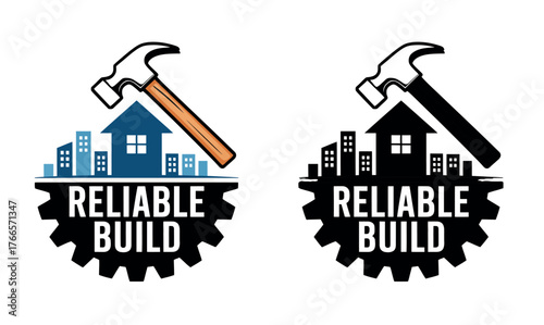 A hammer hovers over a silhouette of houses and buildings on a gear, symbolizing reliable construction.