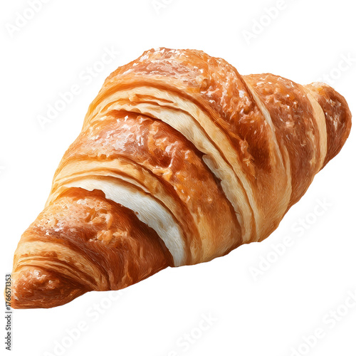 A golden brown flaky croissant with visible layers presented on a clean white background perfect for breakfast or a delicious snack