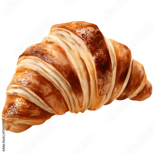 A single golden brown croissant with a flaky layered texture beautifully baked and isolated on a plain white background