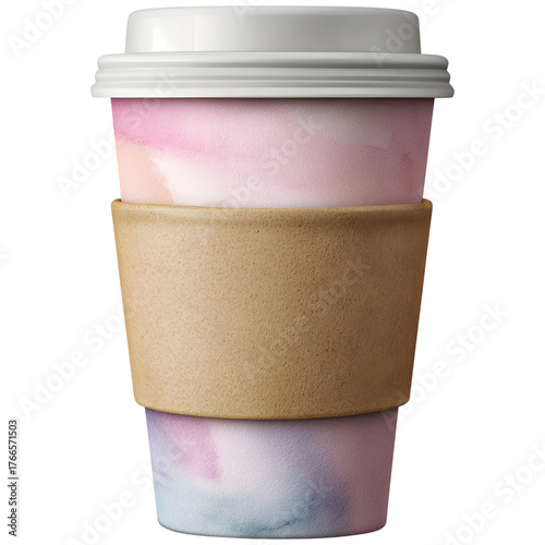 Stylish disposable coffee cup with soft watercolor pattern kraft sleeve and white lid isolated on a clean white background