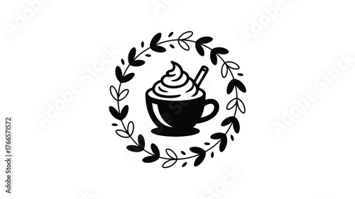 Charming hand drawn coffee cup with whipped cream and cinnamon stick nestled within a delicate floral wreath, perfect for cozy cafe branding.