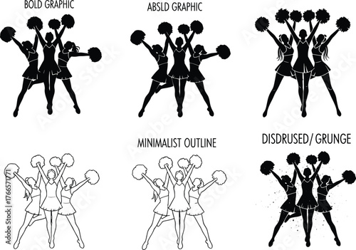 Cheerleading trio illustration, bold graphic style, minimalist outline, distressed grunge texture, energetic pose, pom-poms, silhouette art, team spirit, sports design