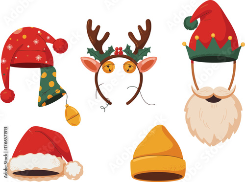 Christmas hat, festive headwear, holiday costume, winter accessory, Santa hat, elf hat, reindeer antlers, jester hat, cartoon style, celebration