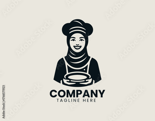 Delightful cartoon Muslim woman chef illustration wearing brown hijab and proudly presenting chicken dish on platter