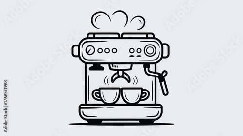 Sleek modern espresso machine brewing two perfect cups of coffee with aromatic steam rising, capturing the essence of a cozy morning.