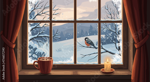 Cozy winter scene through a window with a steaming mug, a lit candle, and a bird on a snowy branch.