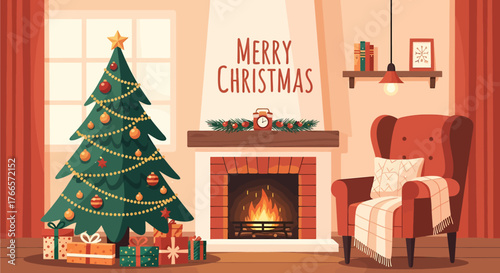Cozy Christmas scene with a decorated tree, fireplace, armchair, and festive decorations.