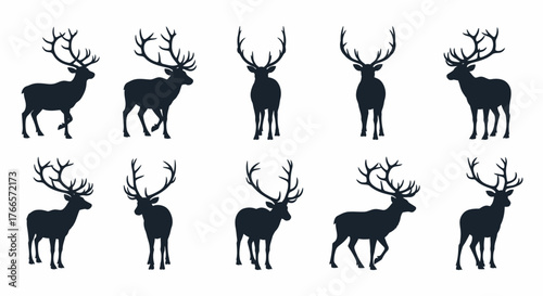 A collection of ten black silhouettes of stags with large antlers in various poses against a white background.