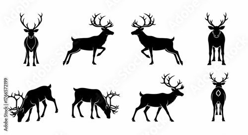 Silhouette illustrations of reindeer in various poses, including standing, walking, and grazing.