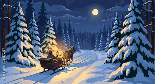 A winter scene depicting a horse-drawn sleigh traveling through a snowy forest at night under a full moon.