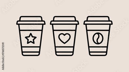 Three stylish takeaway coffee cups featuring a star, heart, and coffee bean icon, perfect for cafe branding and beverage promotions