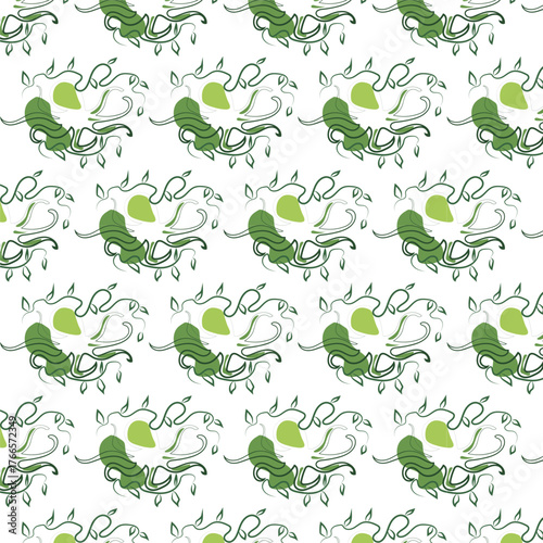 A seamless pattern of an octopus among plants. Seafood and healthy eating only. Doodle style. Illustration in green. Can be used for dishes, bed linens, clothing, etc.
