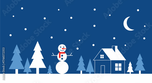 A vector illustration of a snowy winter night scene with a snowman, a cozy house, and a forest under a crescent moon.