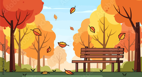 Autumn park scene with a wooden bench, trees, and falling leaves under a blue sky.