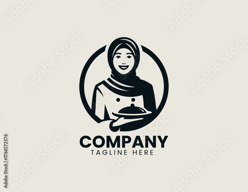 Delightful cartoon Muslim woman chef illustration wearing brown hijab and proudly presenting chicken dish on platter