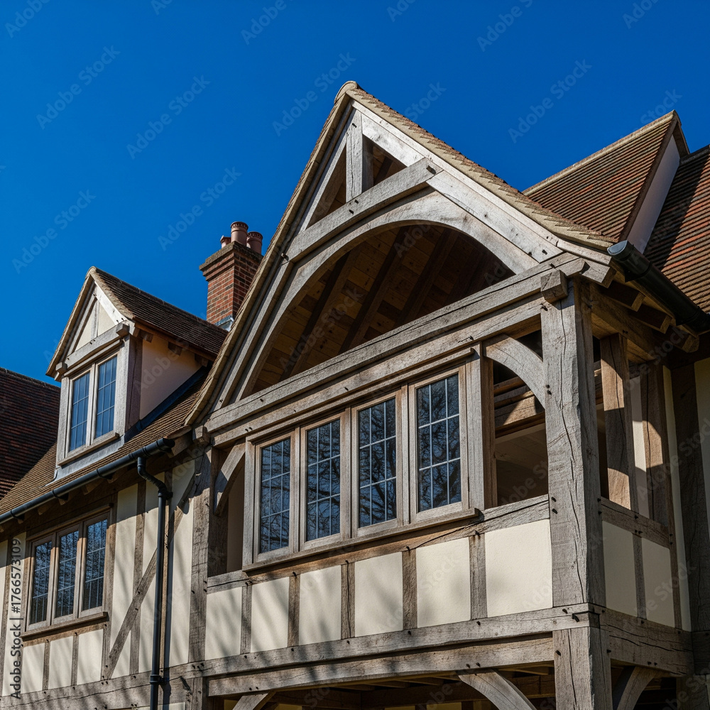 Obraz premium Facade of traditional English Tudor-style home with exposed oak timber frame and gabled roof. Classic half-timbered architecture. Luxury real estate.