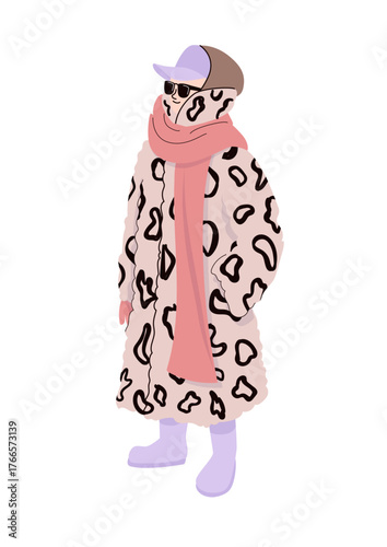 Trendy person in long leopard print fur coat with pink scarf purple boots and baseball cap standing stylishly in winter outfit
