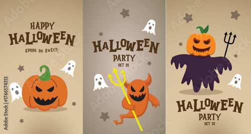 Happy Halloween Spook or Sweet Greeting Card with Grinning Jack-o'-Lantern Pumpkin and Flying Ghosts on Tan Background with Stars for Autumn Holiday Celebrations