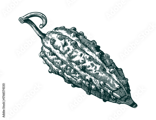 Vintage Botanical Engraving Of A Single Bitter Melon Fruit With Deeply Textured Bumpy Surface And Curved Stem On Clean White Background