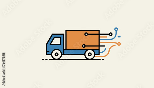 Truck icon with integrated circuit lines and data dots illustrating rapid digital delivery, smart transportation, and seamless global logistics operations and tracking