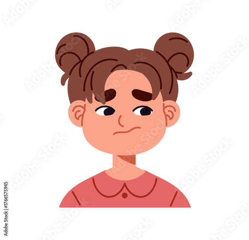 Confused, offended little girl doubts avatar. Sad kid is shy and embarrassed portrait. Upset child is pensive, thoughtful and frustrated. Flat isolated vector illustration on white background