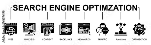 Search Engine Optimization banner web icon vector glyph style illustration concept with icon of SEO, search engine optimization, digital marketing, web traffic, keyword ranking
