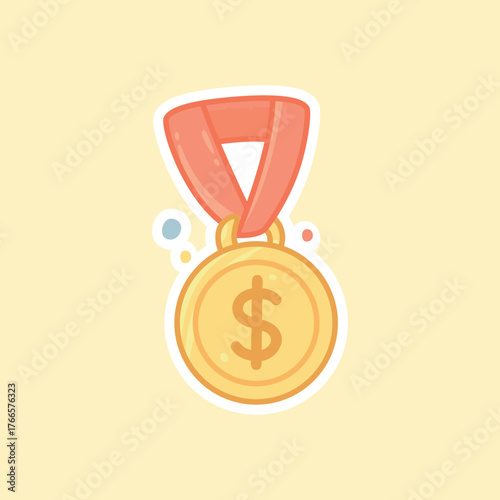 Gold Medal Sticker with Dollar Sign for Success and Achievement Isolated Vector Illustration