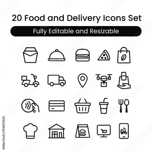 Food and Delivery Icons Set — Takeout, Drone Delivery, Contactless Payment, Grocery Bag, Restaurant, and Online Order Vector Line Icons