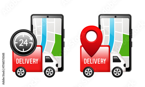 Delivery illustration. Smartphone and delivery truck. Vector 3D illustration.