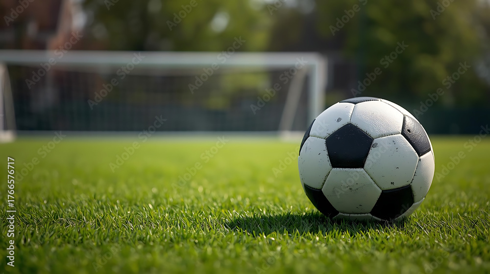 Fototapeta premium a close up of a ball with a blurred goal in the background