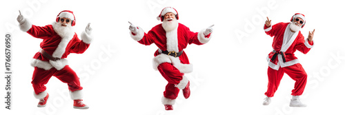 Set of Full-body Santa Claus with headphones and sunglasses, holding a smartphone and enjoying Christmas music on transparent png background. Ai generated