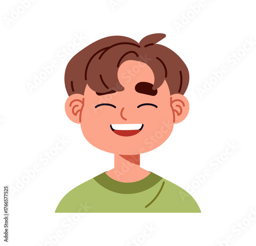 Portrait of happy kid with laughter at joke. Avatar of child with positive emotion on face, expression. Cute little boy laughs, has fun, giggles. Flat isolated vector illustration on white background