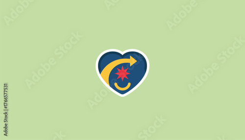 Heart shaped logo featuring an upward curving arrow symbolizing progress and growth, a star representing achievement, and a smile for happiness and positive emotion on a pastel green background