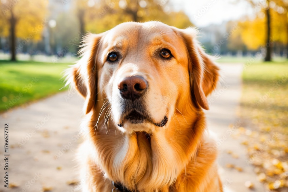 Fototapeta premium Freundlicher Golden Retriever auf einem Pfad im Park bei Sonnenlicht