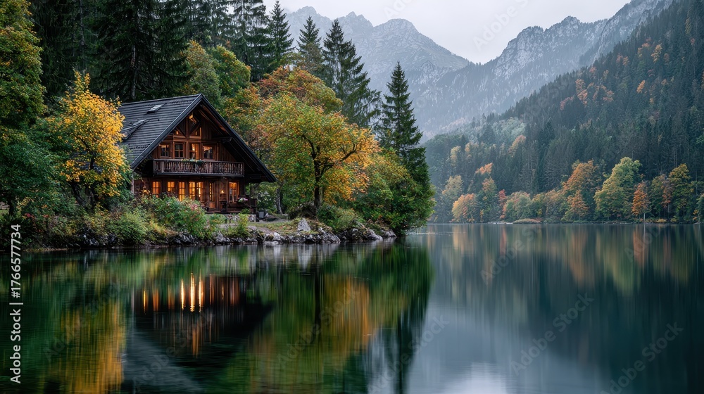 Fototapeta premium Scenic Lake House in Autumn with Reflections and Mountain Backdrop