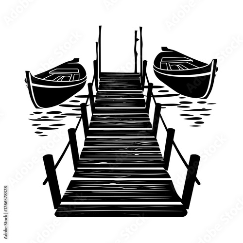 Modern illustration of a peaceful lakeside dock with rowboats, presented in a flat and minimalistic isolated style