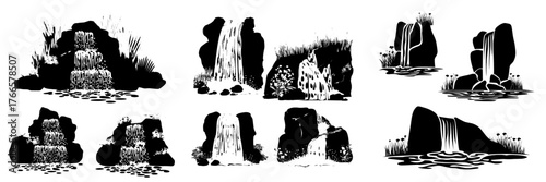 A white background isolates a modern cartoon illustration of a rocky waterfall where river water flows down a stone cascade amidst green grass and flowers on a hill