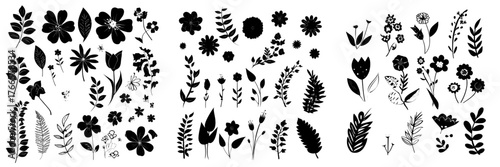 A vibrant and whimsical collection of flat design illustrations showcases an assortment of flowers and leaves in a variety of colors for use in creative projects