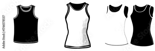 Technical fashion illustration of a Tank Top, featuring a slim fit design with crew neck, sleeveless, and ribbed details, showcased in front and back views, available in white for women, men, and