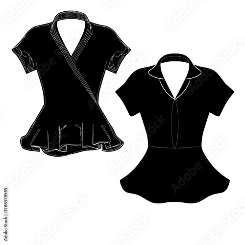 Technical illustrations for fashion include a ruffle blouse with seamless patterns and a peplum top in a flat drawing template that highlights a v-neck, short sleeve, peplum, and both front and back