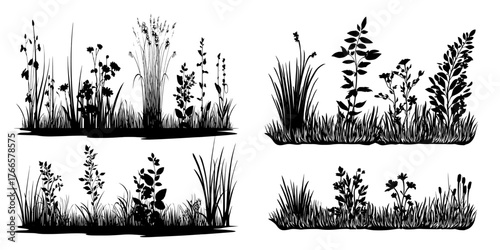 Isolated green grass borders on a white background surround a modern cartoon illustration of garden, field, forest, and park vegetation with lush foliage and floral design elements