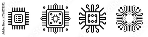 The icon of a computer chip is related to computers and is suitable for use on websites, apps, and user interfaces, as well as in printable materials, and features a line icon style with a simple,