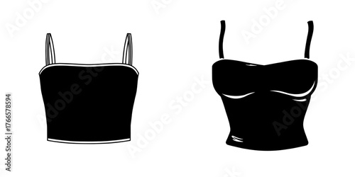 A fashion woman design and style model represented by a technical drawing template of a strapless sleeveless elastic bustier top with a cropped fit, in a flat sketch cad mockup