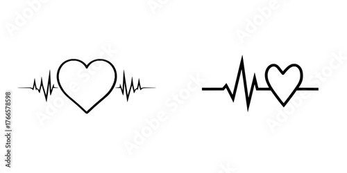 A flat design modern illustration featuring a heartbeat sign, pulse line, ECG, EKG cardiogram silhouette line icon, heart beat red graph icon, and heartbeat wave