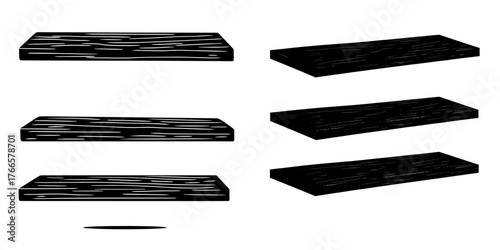 A modern and realistic illustration of a blank decorative wall shelf with an oak texture is set against a white background, featuring 3D wooden shelves