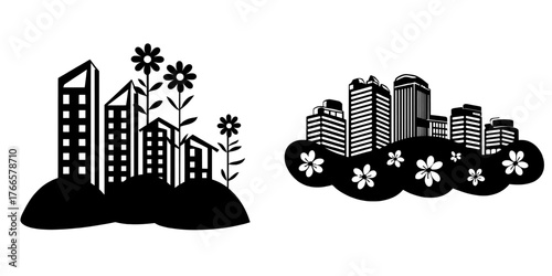 The city and town boast a modern, eco-friendly environment with layered architecture, set amidst rolling hills and vibrant flowers in the daytime