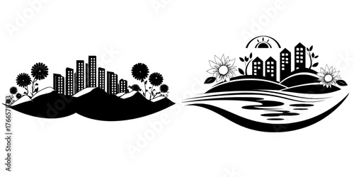 Eco-friendly cities and towns with rolling hills and an array of flowers serve as the backdrop for a breathtaking modern sunset, characterized by its layered colors